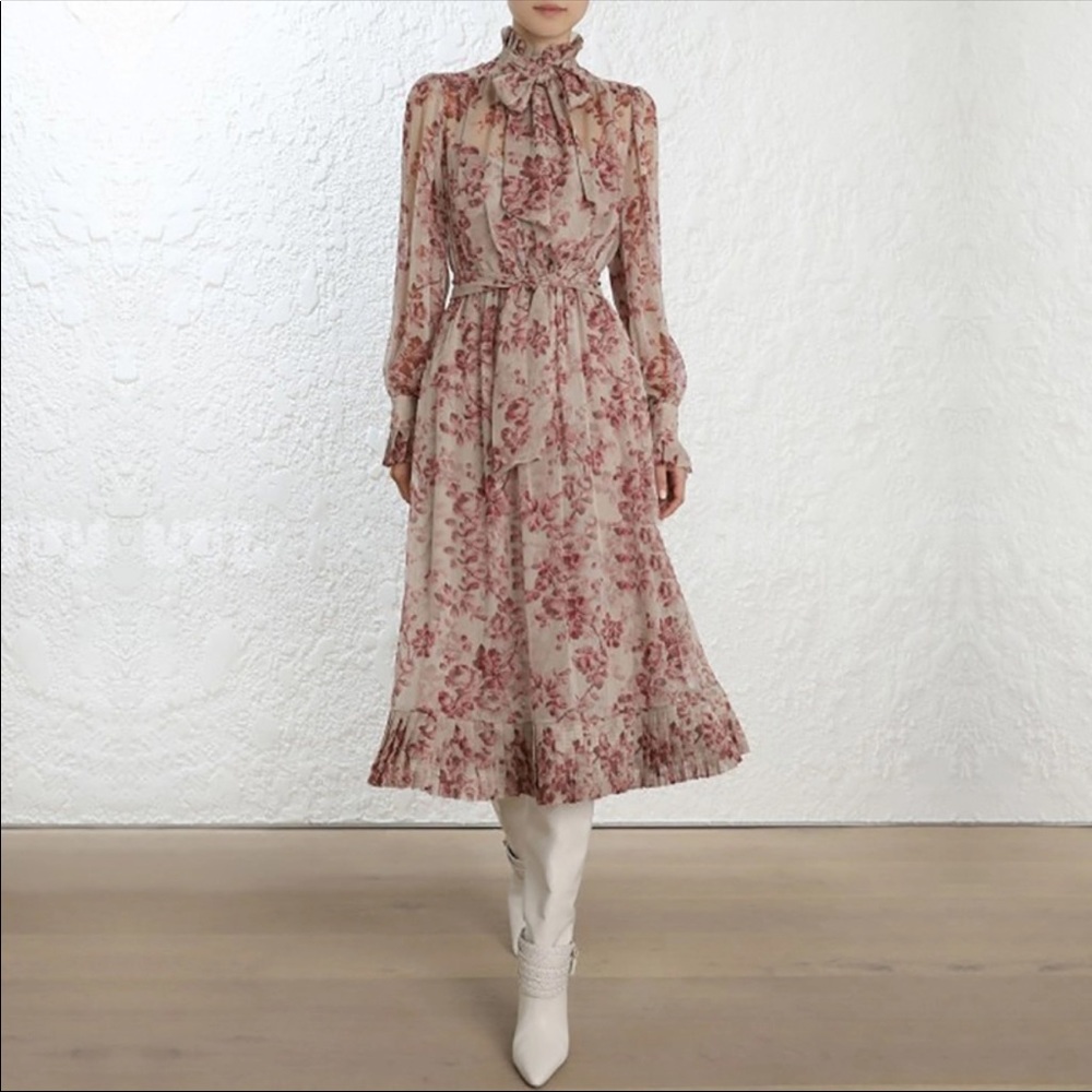 Vintage Rose Floral High Neck Ruffled Midi Dress - Picture 2 of 8